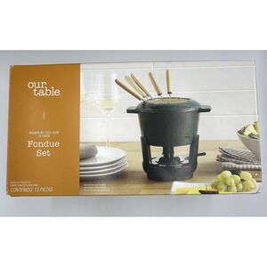 Our Table Enameled Cast Iron Fondue Set 13 Piece 1.2 Quart Green Sycamore 21241